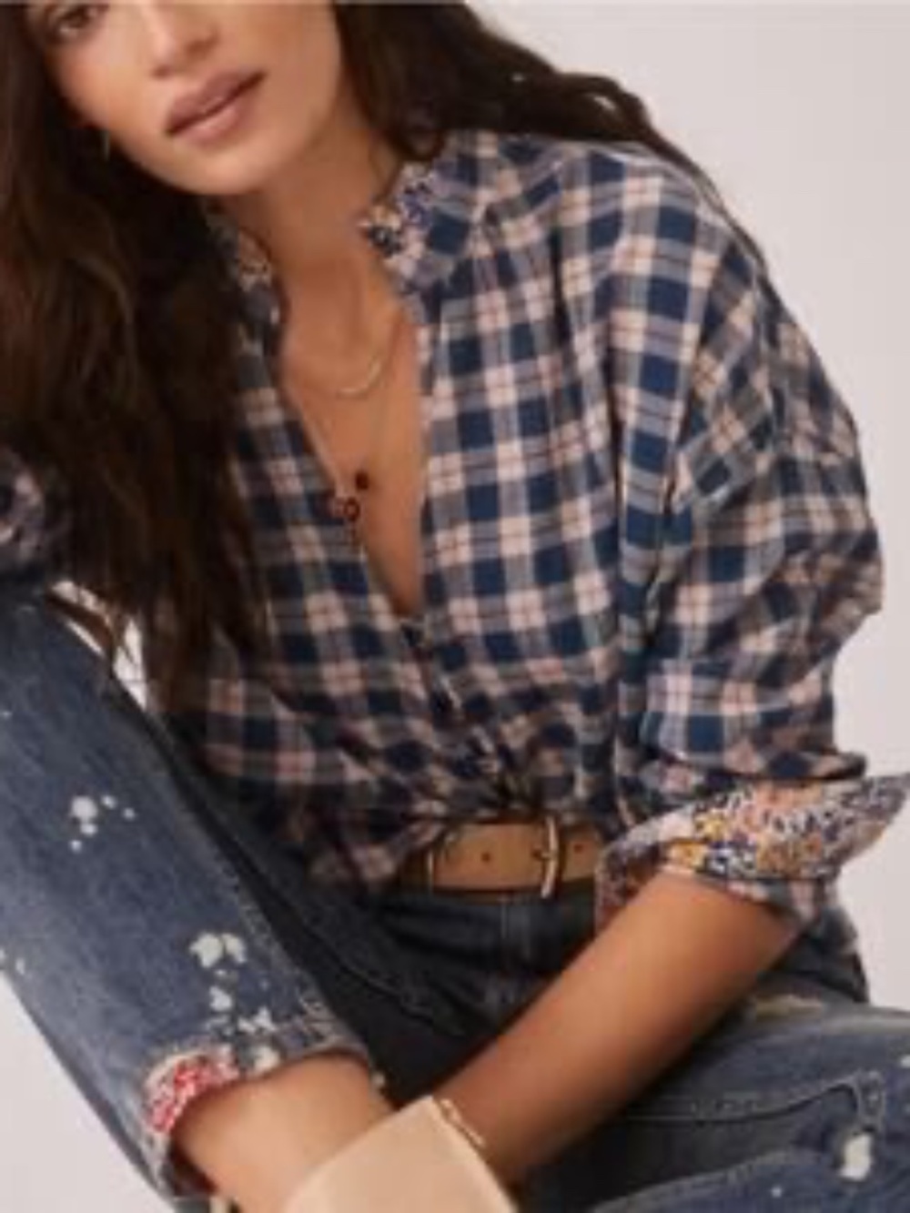 Anthropologie Pilcro Peach The Tavi Plaid Button-up Blouse Peasant Boho